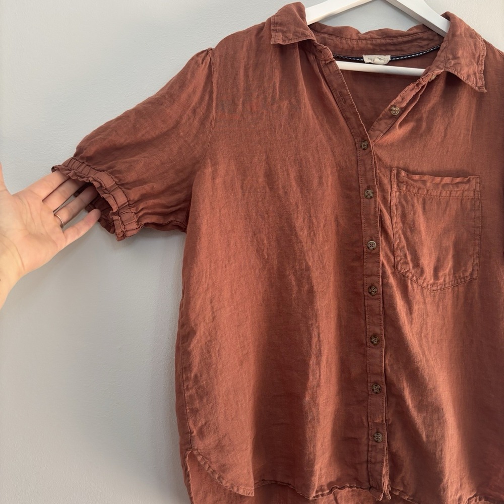 Pilcro 100% Linen Button Up Puff Sleeve Blouse Women's L Rust Lagenlook Ruffle - Picture 2 of 8